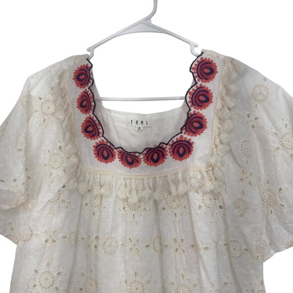 THML Cream Eyelet Short Sleeve Top With Embroidered Neckline Womens SZ M Cotton - Picture 9 of 9
